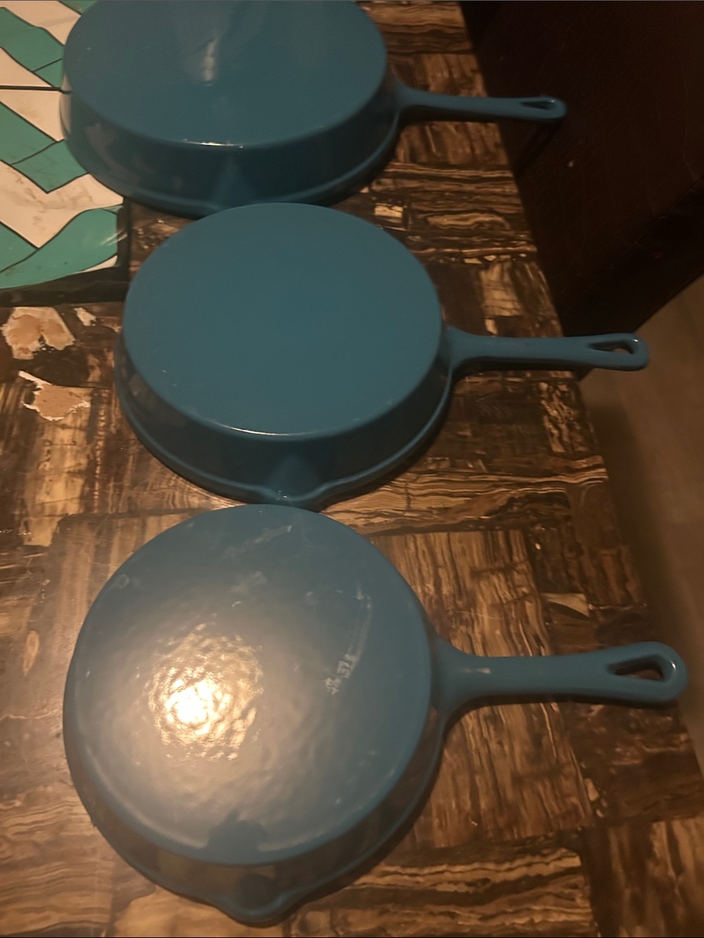 Blue enamel cast iron skillet set